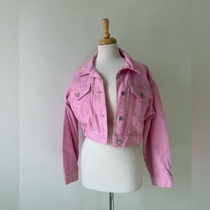 Pink Cropped Denim Jacket | Forever 21 | Barbiecore Button-Up Jacket (M)
